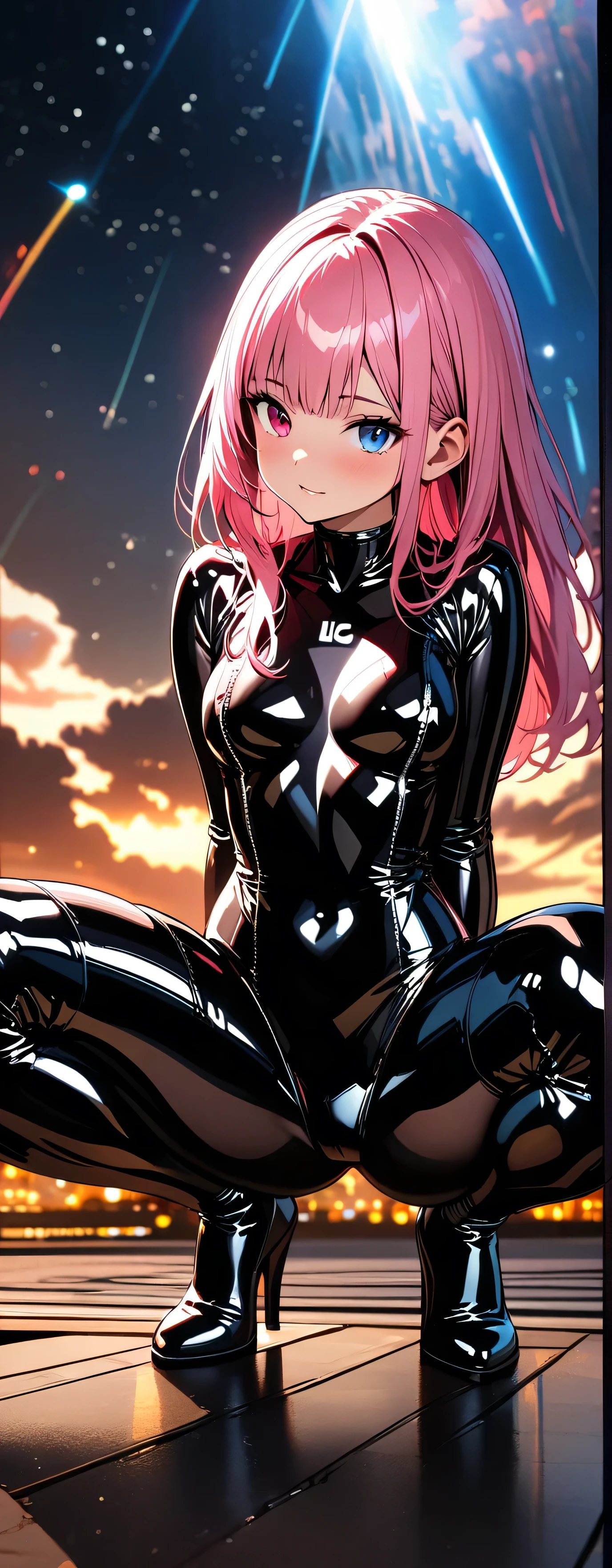15 years old, (beautiful girl: 1.3),1girl,masterpiece, Highest quality, Ultra-high resolution,Rich contrast,super high quality,8k,Highly detailed CG unit wallpaper,texture,Incredibly absurd,Ultra-high resolution,RAW Photos,Depth of Field 1.2,Beautiful starry sky,overlooking,(magnificent panorama view:1.3),(Full body black latex:1.5),Pink Hair,Straight Hair,Long Hair,Heterochromia iridis,Shiny clothes,squatting, spread legs