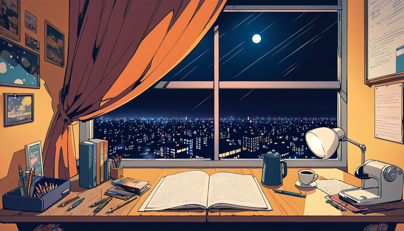 An anime-style illustration features a nighttime cityscape as the backdrop. The scene depicts rain falling outside, with droplets visible on the window, and the city lights creating a vibrant urban atmosphere. Inside the room, a desk lamp illuminates the workspace, casting a warm glow. On the desk, a pair of white headphones adds a modern touch. Also on the desk are pencils, pens, and a freshly brewed cup of coffee. The overall ambiance reflects a quiet, focused nighttime study break, emphasizing the tranquility of the city night.