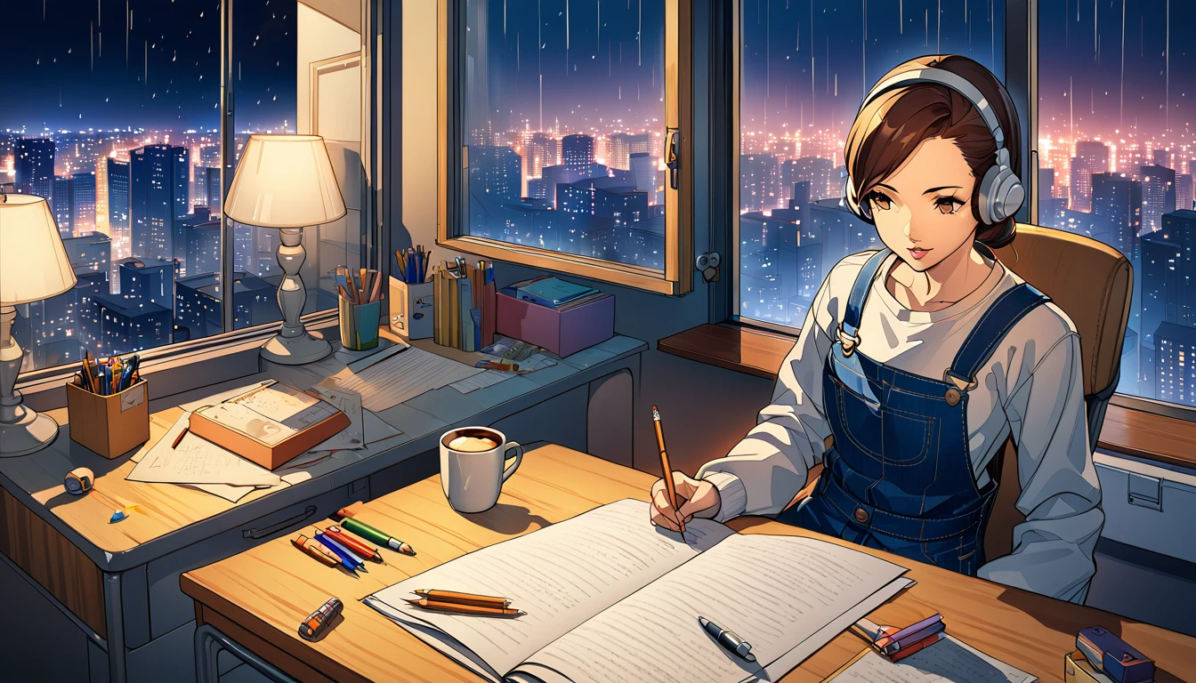 An anime-style illustration features a nighttime cityscape as the backdrop. The scene depicts rain falling outside, with droplets visible on the window, and the city lights creating a vibrant urban atmosphere. Inside the room, a desk lamp illuminates the workspace, casting a warm glow. On the desk, a pair of white headphones adds a modern touch. Also on the desk are pencils, pens, and a freshly brewed cup of coffee. The overall ambiance reflects a quiet, focused nighttime study break, emphasizing the tranquility of the city night.