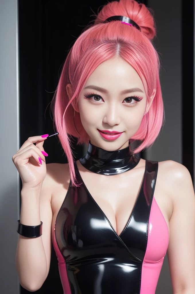 nsfw、sexy asian fashion model、glossy lipstick、smiling face、defined eyebrows、ultra detailed drama makeup、long lashes、full body Esbian、ultra detailed latex business dress(neon pink)、latex choker、latex bracelets、Colorful hair