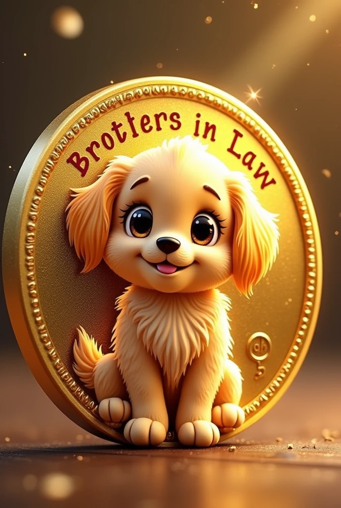 Cute golden puppy character.Golden, cartoon gold in a bright gold color in the center of the front of the coin, Brother-in-law, gold statue of a cute Parinho, it has to be golden , Brother-in-law, write the number 003 on the coin