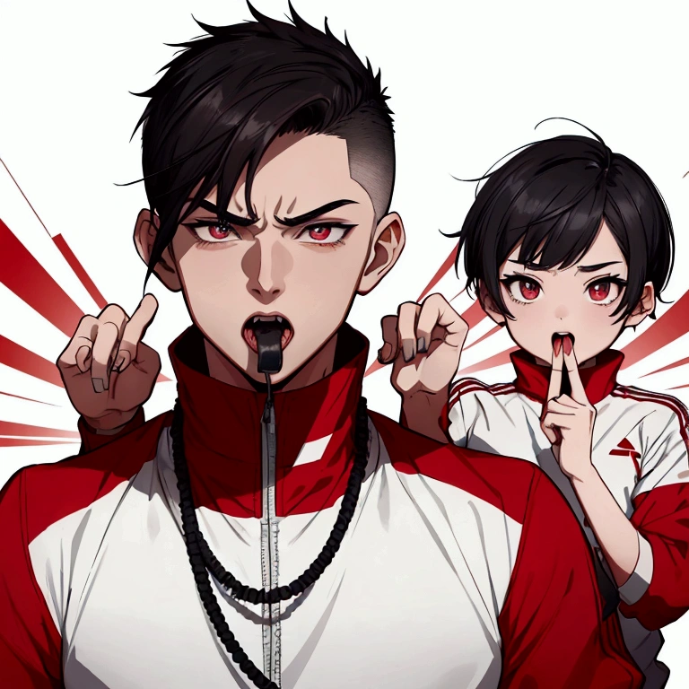 Short dark res hair, buzz cut, gradient eyes,tongue,Pulling mouth, opening mouth, fangs, tongue out, tongue, teeth, putting fingers in one's mouth, (little finger in mouth: 1.3), (pulling mouth with both hands: 1.2),modern, anime, character chart, tachie, UHD, high resolution, best quality, young man, he prefers to wear sportswear-like clothes dominated by white and red hues. On his body, he has athletics, a cannon necklace, from abstract patterns to symbols of strength and rebellion, enhancing his youthful and stylish image. His facial expressions and posture may be a bit tense, he himself appears short-tempered and aggressive, aggressive facial expression. Oscar winning, award winning movie stills, heartwarming, movie, movie shots, very moving, vtuber full body model, simple background