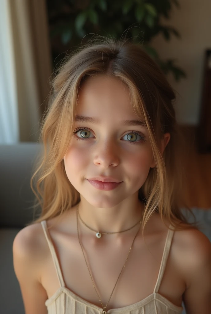 cute 12 year old girl, cum in face, slim figure, revealing clothes, cute clothes, skimpy clothes, photo taken from above, detailed face, beautiful eyes, long eyelashes, cute expression, cozy living room, photorealistic, 4k, high quality