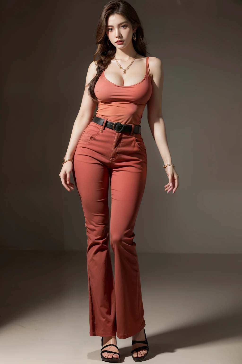 (RAW shooting, Photoreal:1.5, 8k, highest quality, masterpiece, ultra high resolution), perfect dynamic composition:1.2, Highly detailed skin and facial textures:1.2,beautiful and aesthetic:1.2, standing, full body, sandals, Fair skin, (large breast:1.4, Chest gap:1.4),(earrings,necklace,1girl, tall, long legs, makeup:, brown hair, single braid,perfect thigh, tight red top,sleeveless,tight red long pants, belt),(simple background:1),
