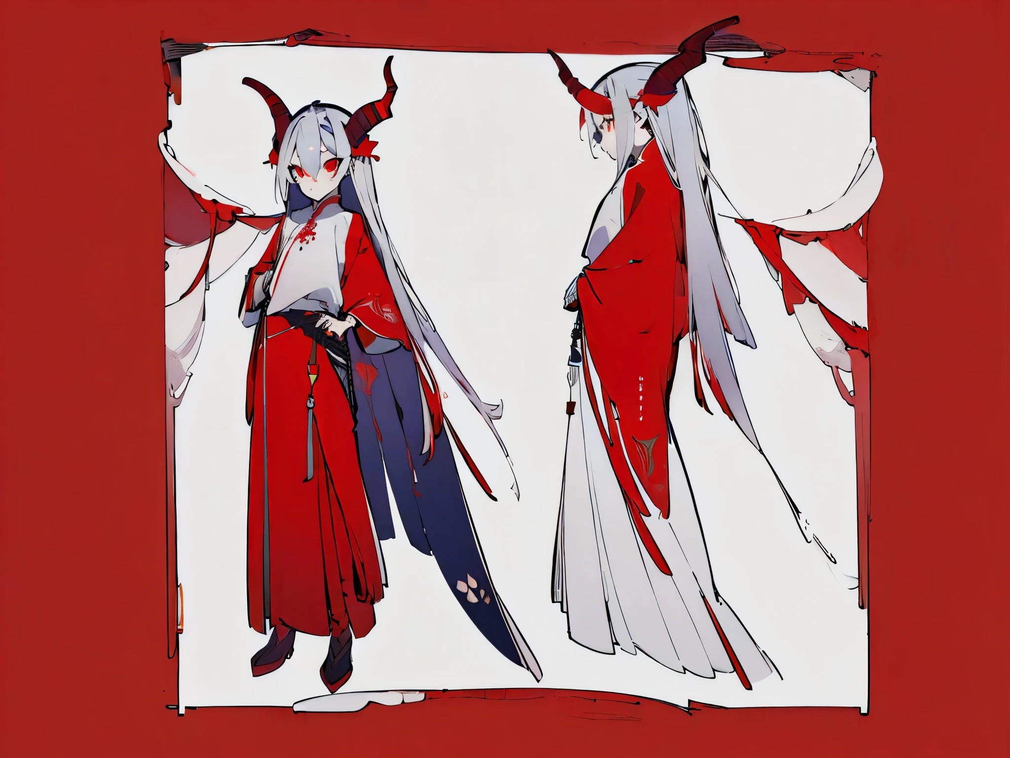 ((masterpiece)),(((best quality))),((character design sheet,same character,front,side,back)),illustration,1 girl,long hair,hair between eyes,beautiful red eyes,environment Scene change, pose too, female dragon, horns, (simple background, white background: 1.3)