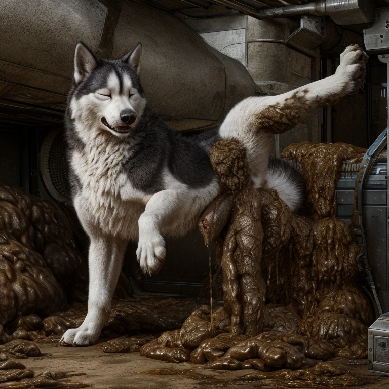 A hyper realistic, ultra detailed image of a husky, fat, (((((feral, husky, solo, raised leg, eyes closed, urine, fully sheath))))), realistic, detailed background, (saliva:0.8), on a klingon star ship, freighter. ((((hyper canine sheath, feral standing with raised leg, hyper balls, feral, excessive anal scat, spreading legs, excessive hyper anal feces))))