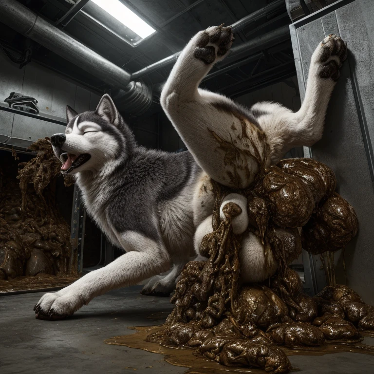 A hyper realistic, ultra detailed image of a husky, fat, (((((feral, husky, solo, raised leg, eyes closed, urine, fully sheath))))), realistic, detailed background, (saliva:0.8), on a klingon star ship, freighter. ((((hyper canine sheath, feral standing with raised leg, hyper balls, feral, excessive anal scat, spreading legs, excessive hyper anal feces))))