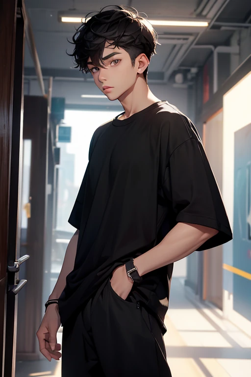 1male, young male, age 20, solo, detailed eyes, light skin, masterpiece, plain Black oversized t-shirt, long black pants, hot summer, top quality