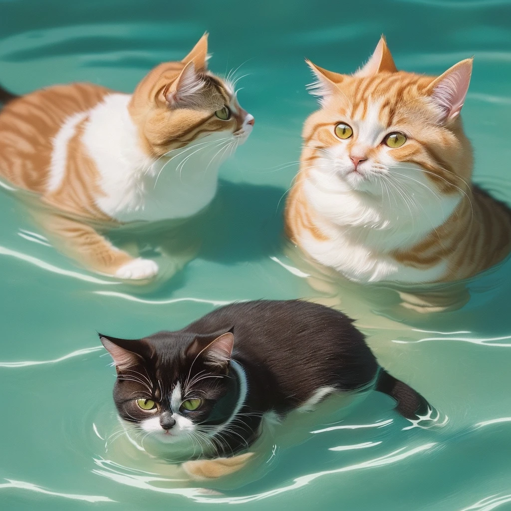 (1 子Catを描く: 1.3), ((There is no one:1.3)), ((People are not drawn:1.3)), ((best quality:1.3)), ((masterpiece:1.3)), ((detailed background:1.3)), ((楽しそうな笑顔の子Cat:1.3)), (白色の子Cat:1.3), In the pool, Cat