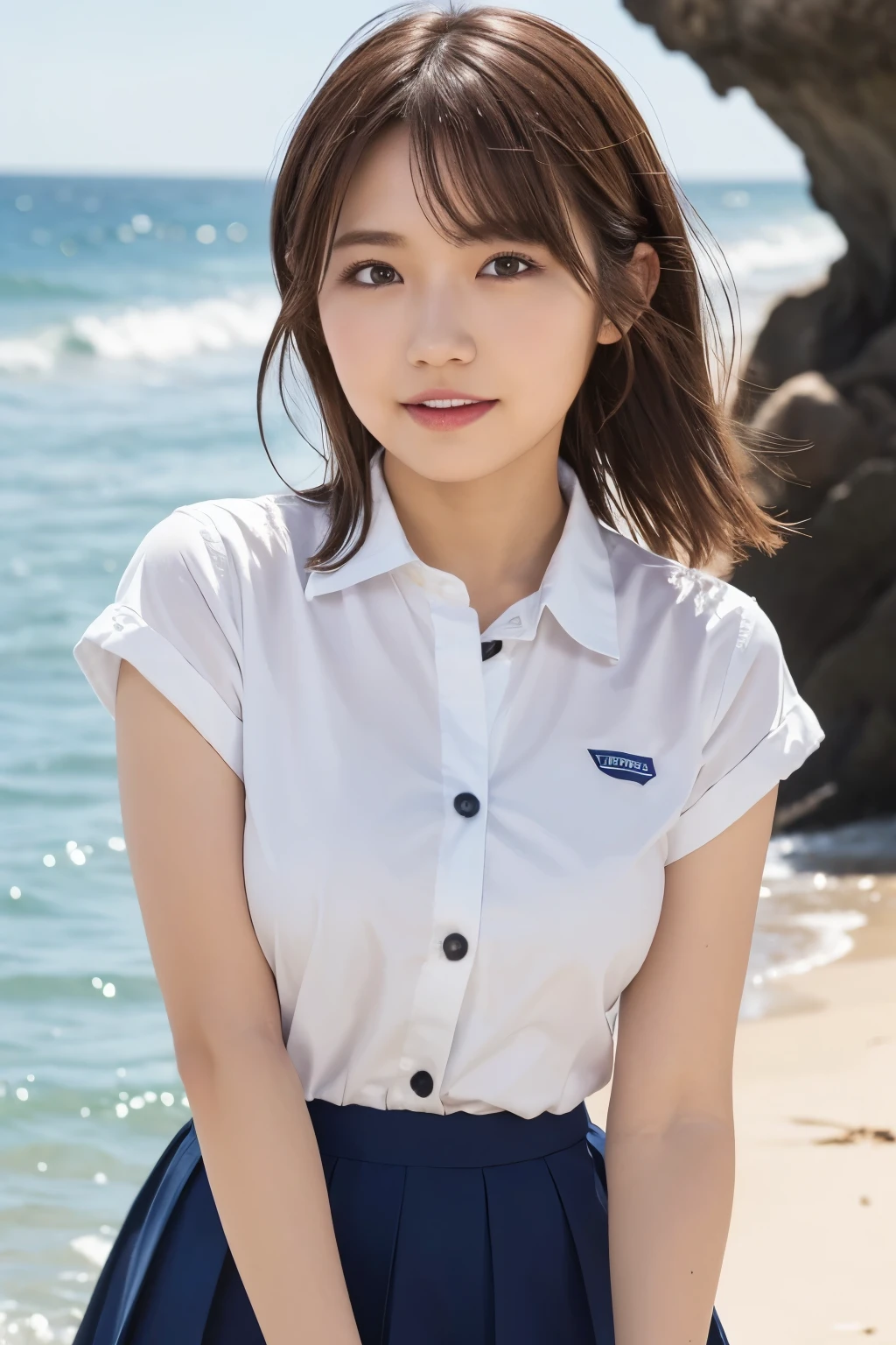 realistic, photogenic, with the sea in the background, wearing school uniform, the top button of the upper cloth is open, skirt is short and just reaching above the thighs, middle-length hair, hair color mixes bronde and brown, hair is blowing in the wind, hair is shaggy and dishevelled, very sunburned and tanned skin, medium build a little bit chubbily figure, exposed widely at chest, heavy and vivid makeup, small mouth, small nose, smooth shaped jawline, glossy face, heavy flushed cheeks, big smile while open mouth, looks like having a great time, easing someone, detailed eyes, slanted eyebrows, detailed lips, photorealistic, highly detailed, 8k, best quality, masterpiece, vibrant colors, dramatic lighting, cinematic composition, digital art