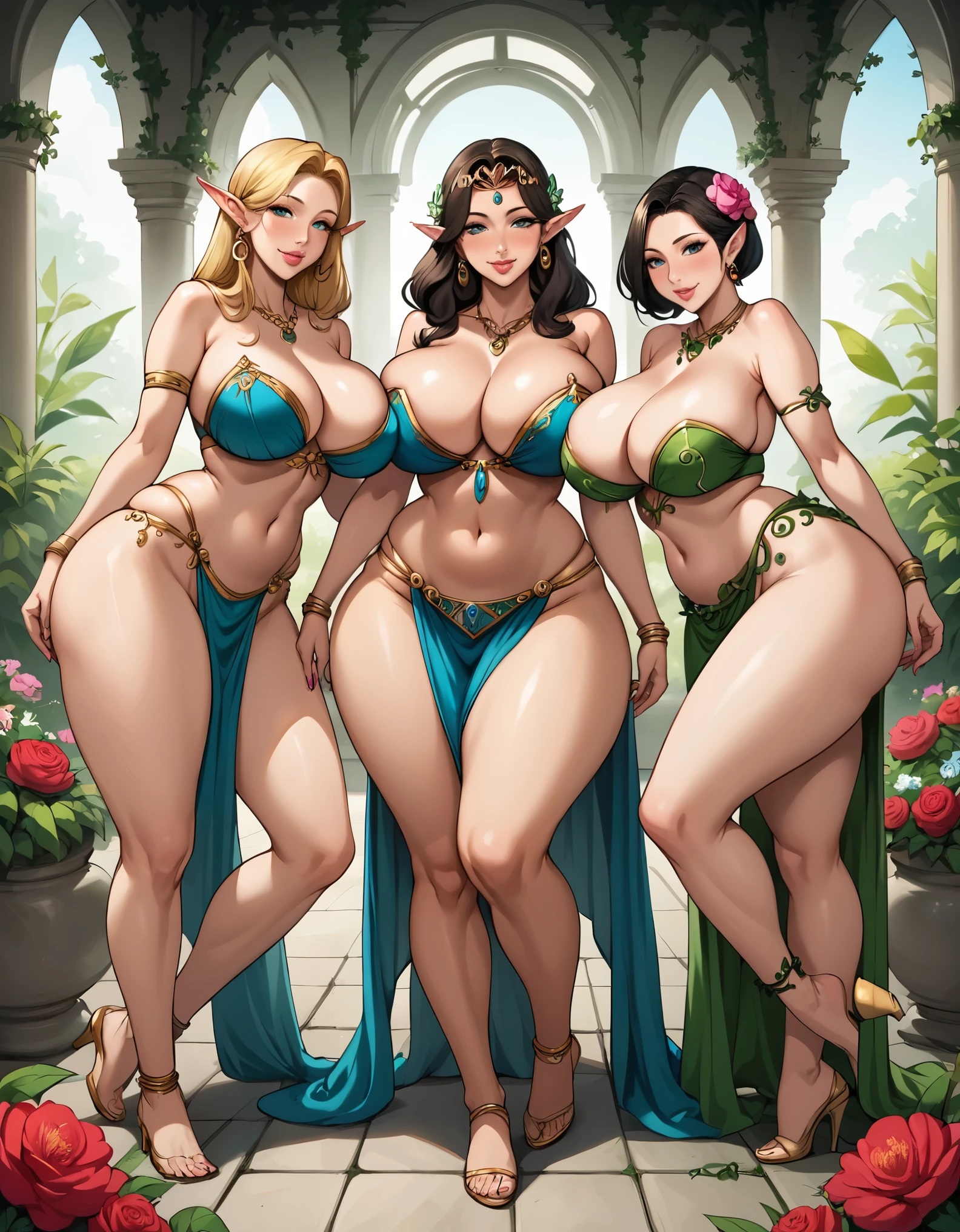 3girls, groupshot, mature female, mom, milf, 40 year old woman, elf ears, long hair, short hair, sidelocks, hair ornament, ((thick lips)), (puffy lips), seductive smile, parted lips, makeup, tall, wide waist, ((wide hips)), (((thick thighs))), big ass, (huge breasts) , cleavage, navel, tall, oily breasts, harem outfit, (big earrings), necklace, bracelets, tiara, thighlet, anklets, garden, flowers, vines, gondola, ((sexy pose)), dynamic pose, hip and thigh focus, realistic lighting, head tilt, painted nails, dutch angle, hugging,