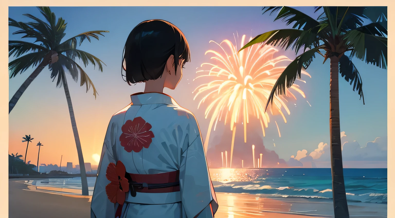 beach,palm tree,fireworks,kimono,japanese girl,back view