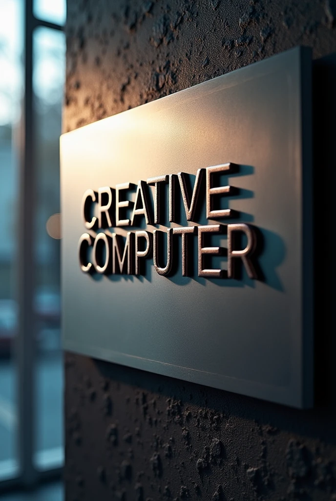 rectangular metal with logo "CREATIVE COMPUTER", above the wall is smooth and rough