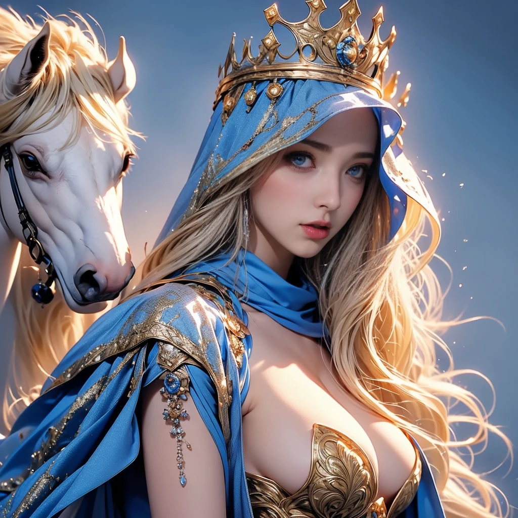 Erect nipples, wearing a hijab , luxury hijab,crown luxury , blue eye, blond hair, around , (gold ), tmasterpiece,Best quality at best,A high resolution,8K,((Portrait)),(upper body),Original photo,real photograph,digital photography,(Female princess in the medieval fantasy style), sexy princess ,blue eye, super colossal breast, round colossal breast ,open kissing lips,Keep your mouth shuegant and charming,((Blushing)),virgin contempt,Calm and handsome,(Medieval fantasy dress,The Beautiful super huge round breast, small waist, perfect colossal breast of princess body, a blue delicate pattern,silver Cloak),(princes medieval character medieval fantasy style,oc render reflection texture, fighting style, sexy colossal breast , medieval castle background, slim body, very small waist,
