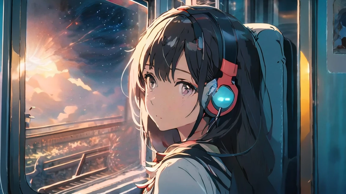 Optimal，masterpiece，High resolution，Highest quality，A beautiful woman gazing out the window from inside a train at night.。Wearing one headphone。It&#39;s night outside。Clothes are hoodies。profile。