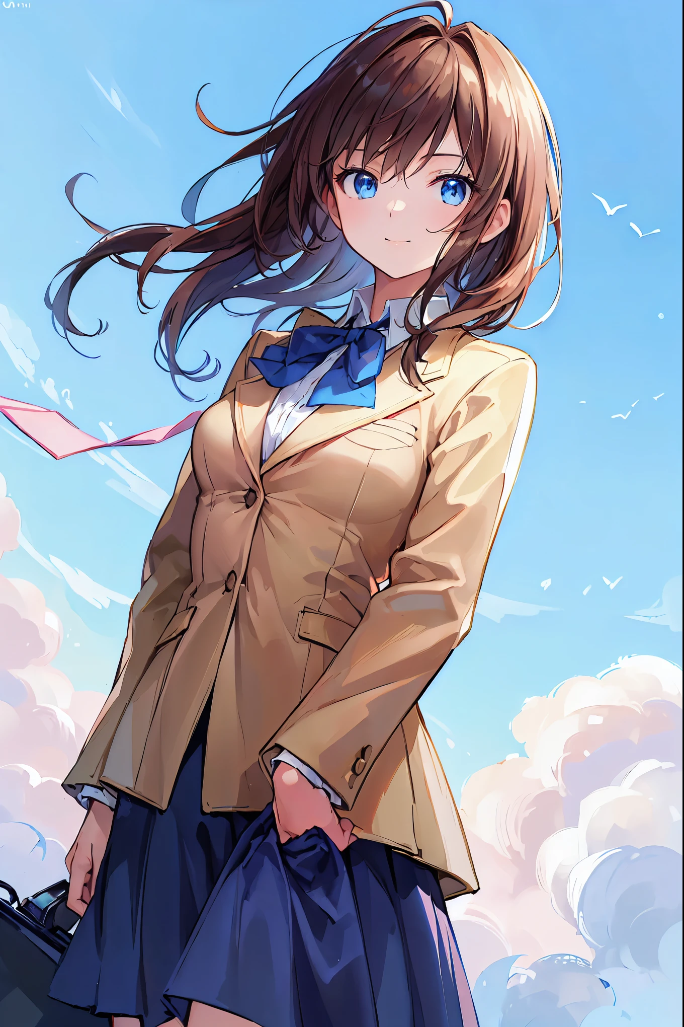 (Highest quality,masterpiece:1.3,Ultra-high resolution),(Very detailed,Caustics,8k),(Realistic:1.4,RAW shooting),18-year-old,Japanese,cute,I'm looking at the camera with a smile on my face,Blazer uniform,forward leaning posture,Waist up shot,(Face Focus:1.2),(Face close-up:1.2),(Low position:1.3),(Low Angle:1.4),blue sky,Natural light,Brown Hair,Shortcuts,Slender beauty,Messy Hair