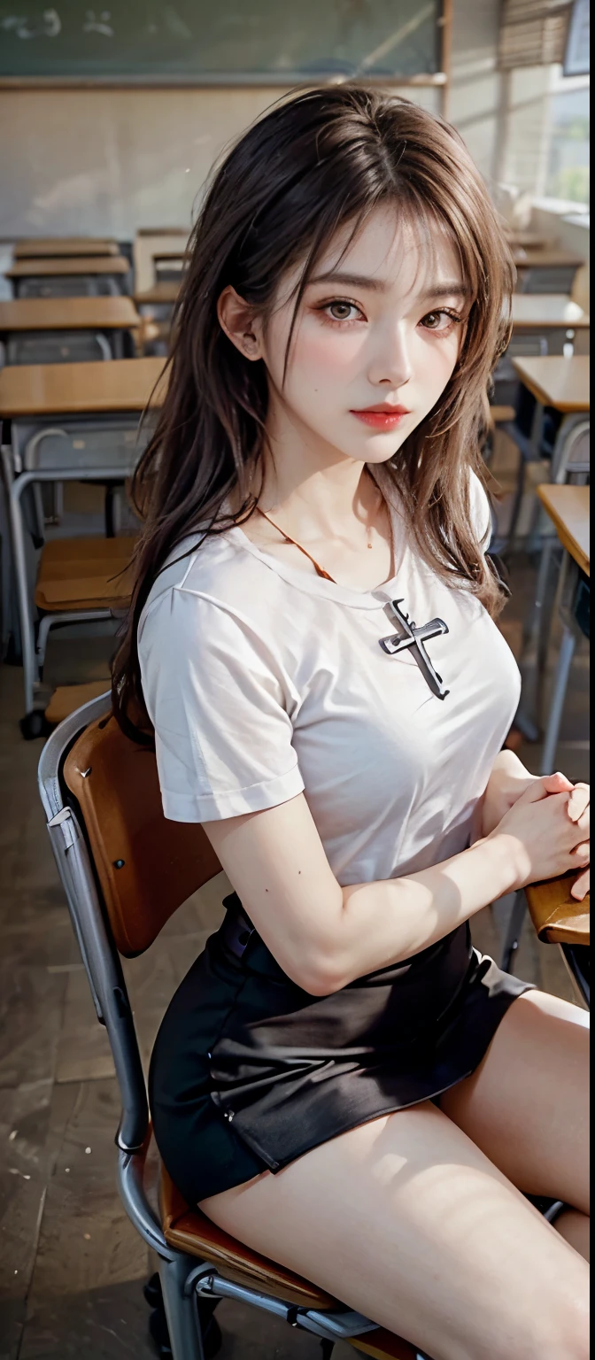 (masterpiece: 1.3), (Maximum resolution: 1.2), (Ultra HD TV: 1.2), Cinema Lights, Ultra HD TV, (Detailed eyes and skin), (Detailed facial features), High resolution, 8k resolution, Sharp focus: 1.2, Perfect Style, Beautiful Face, Accurate, Anatomically correct, Highly detailed face and skin texture, Detailed eyes, Brown eyes, double eyelid, Thin eyebrows, Glitter Eyeliner: 1.2, Natural Cheeks, Glowing Skin, Fair skin: 1.2, Shiny little necklace and earrings, (Glossy Lips: 1.4), break, First Person View, Wearing a high school uniform, (Fascinating face: 1.2), Pure and cute, (High ponytail, Wavy Hair, Gray hair and some colored hair, Diagonal bangs), Medium Long Hair, View from above, (Full Body Shot: 1.2), Focus on the face, ((Very close relationship: 1.2)), (Medium large breasts), (((In the classroom: 1.2)), ((sit cross-legged on a school chair:1.4)), (Look at me)), (From the side:1.2)