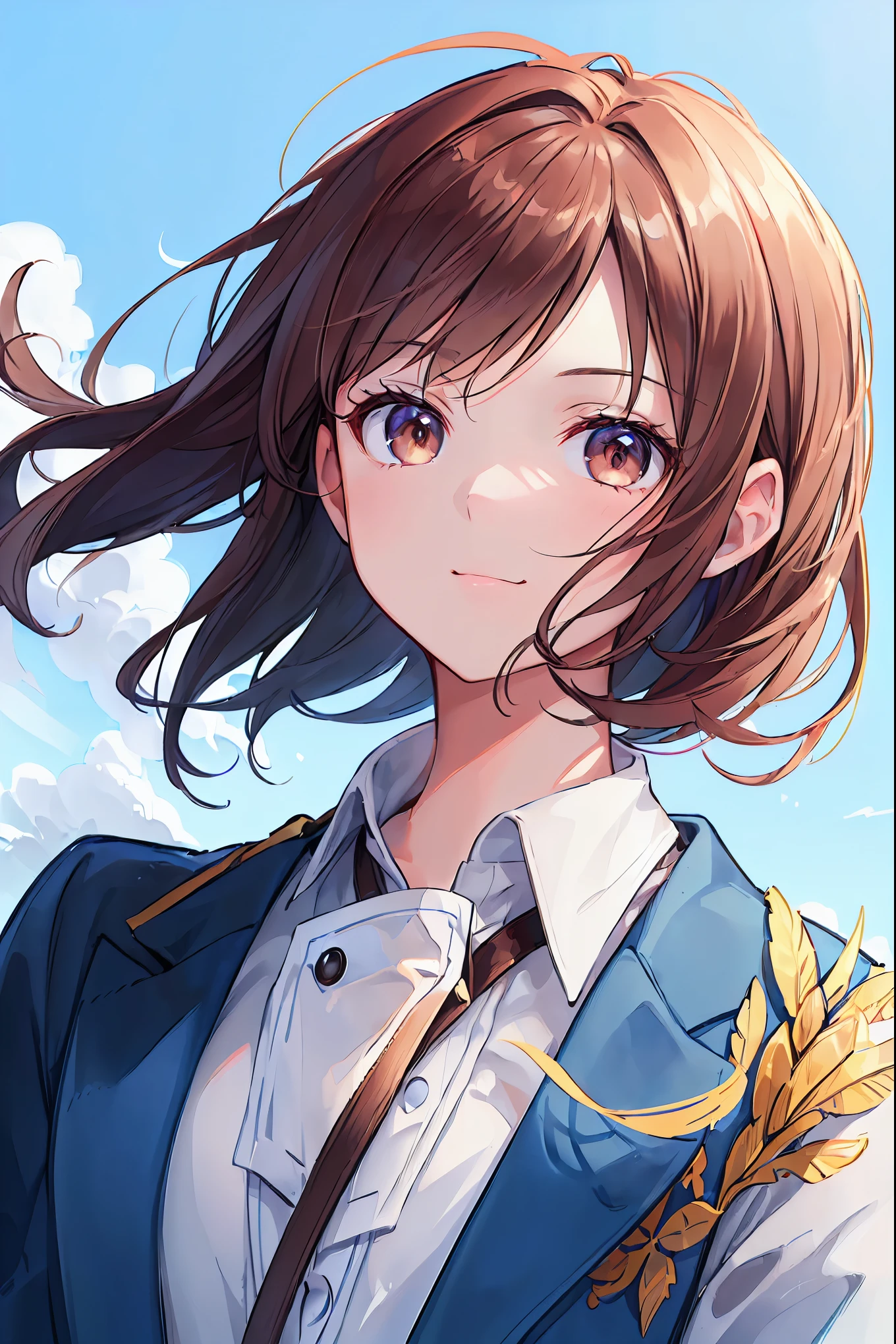 (Highest quality,masterpiece:1.3,Ultra-high resolution),(Very detailed,Caustics,8k),(Realistic:1.4,RAW shooting),18-year-old,Japanese,cute,I'm looking at the camera with a smile on my face,Blazer uniform,forward leaning posture,Waist up shot,(Face Focus:1.2),(Face close-up:1.2),(Low position:1.3),(Low Angle:1.4),blue sky,Natural light，Brown Hair，Shortcuts，Slender beauty，Messy Hair