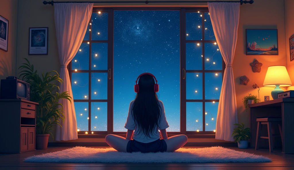 8k, night、Listen to music in a cozy room, Using headphones, 2D-style animation, Lo-Fi, hard disk, Dark Environment, Retro、starry skies、Large windows、high school girl、LoFi、Beautiful starry sky、Sparkling starry sky、