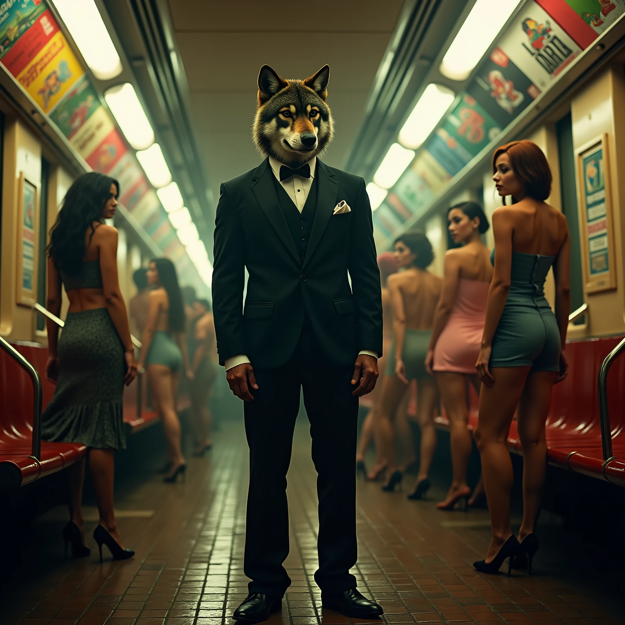 A wolf dressed in a suit surrounded by beautiful naked women with large breasts in a Mexico City subway.
