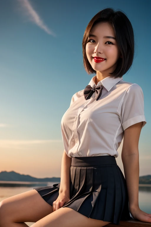 A young korean beautiful girl, 20-year-old, strikingly beautiful, black hair, red lips, (8K, raw photo, Best quality, masterpiece:1.2), (realistic, photo-realistic:1.37), ultra detailed, 1 girl, Cute, One, beautiful detailed sky, night, sitting, meet, (smile:1.1), (closed mouth), medium breast, Beautiful detailed eyes, (collared shirt:1.1), the bow tie, pleated skirt, (short hair:1.2), floating hair