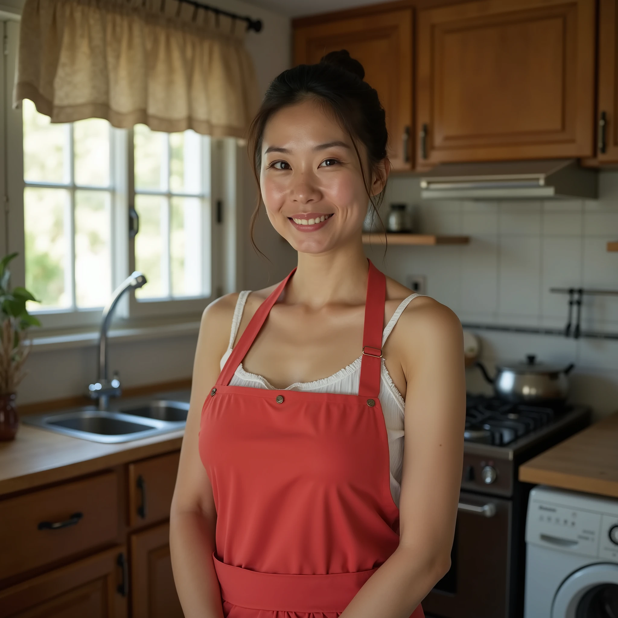 50 years old Japanese woman big breasts apron underwear romantic kitchen standing