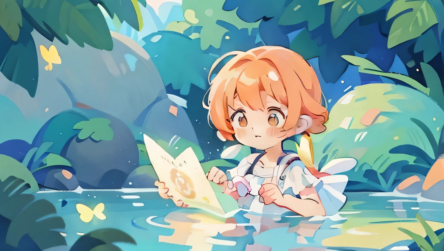 picture book illustration, watercolor storybook illustration, vibrant pastel colors, dreamy, colorful, whimsical, magical, masterpiece, best quality, sharp focus, intricately detailed environment, fine detail, 8k resolution, waterfall lagoon, water nymph girl, (magical lagoon), (waterfall, lake), (beautiful girl, Orange hair, swimming in water), glowing lights, fireflies, glowing butterflies, glowing pixies