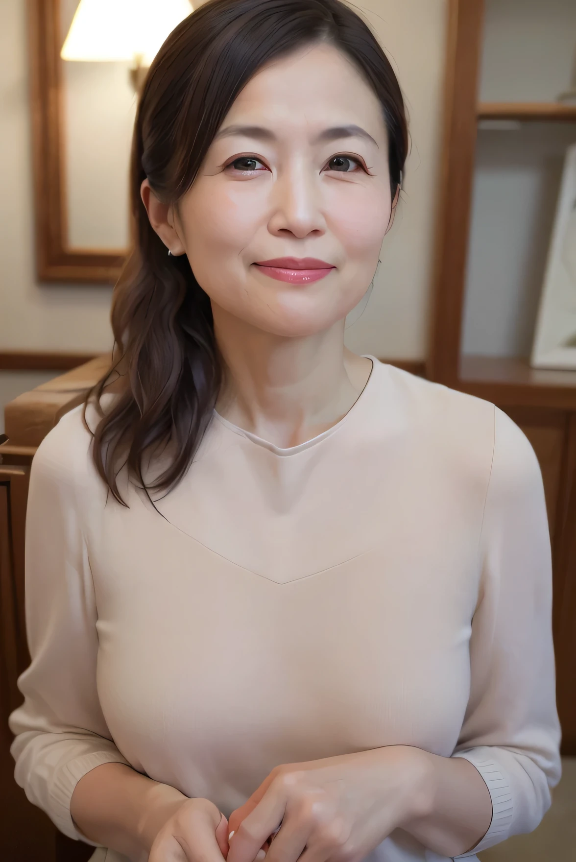 A calm and mature 55 year old Japanese woman, Married women, Delicate features, Long eyelashes, Sparkling Eyes, Low Ponytail, Red lipstick, Rosy Cheeks, elegant, Candid pose, nude, nude portrait, whole body, wallpaper, (Highest quality,8k,High resolution,masterpiece:1.2),Very detailed,(Realistic,photoRealistic,photo-Realistic:1.37),Intricate details,Warm and soft lighting,Gentle colors,Natural Skin Tone,Structure of the film