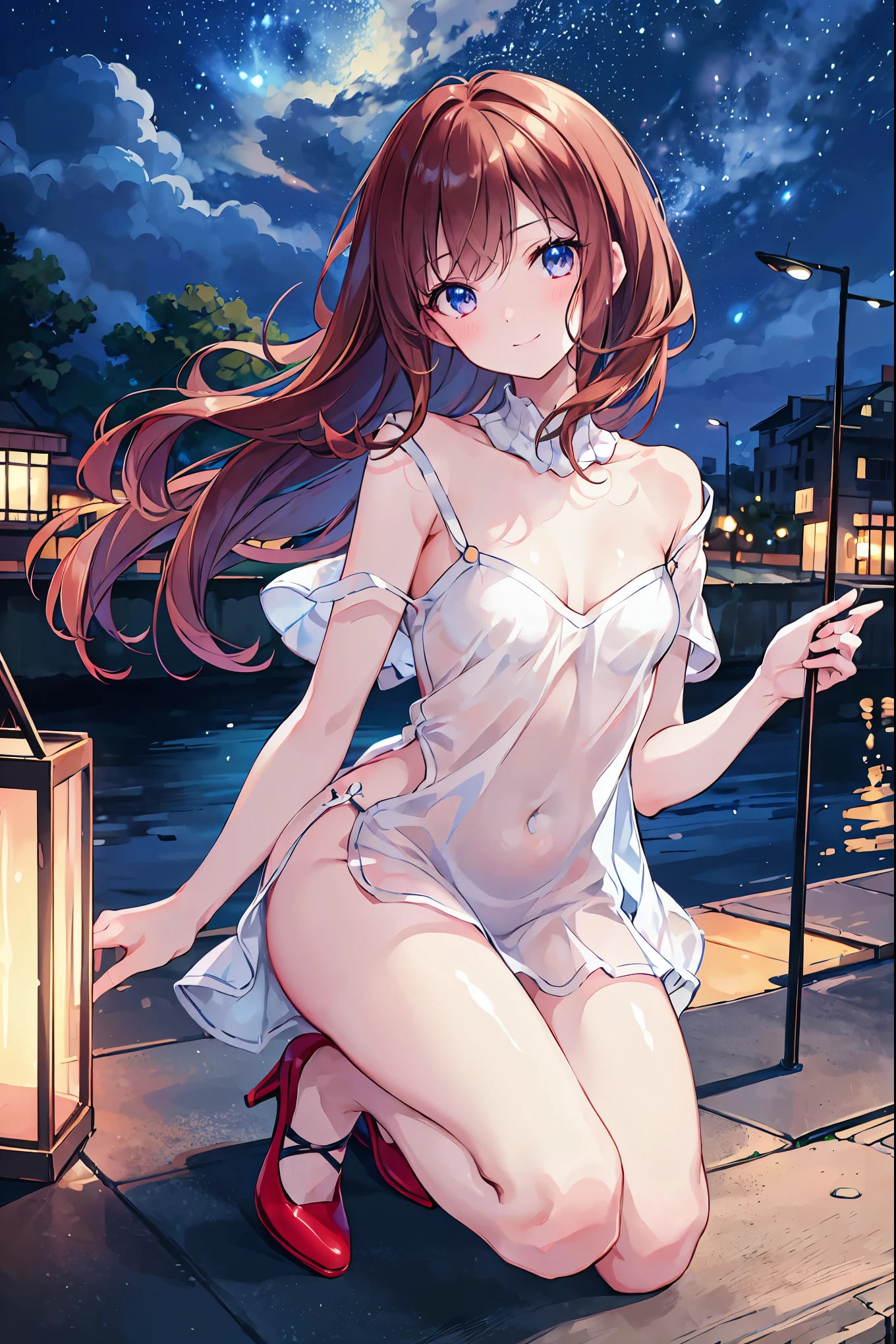 (masterpiece, Highest quality:1.1), (8k, RAW Photos, Realistic:1.2, f22), (Glowing Skin), Detailed skin,Brown Hair，Shortcuts，Slender beauty，Fluffy hair,Detailed face, Detailed eyes,smile，Cityscape，Night view，One person, whole body,(Short sleeve,sweater,)break, Small breasts，Flat Chest，Less exposed skin，Slender beauty，Looking up，whole bodyが見える，Red pumps