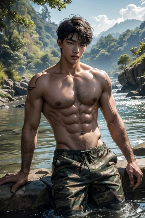 (absurdres, highres, ultra detailed, HDR), masterpiece, best quality, Netflix series Singles Inferno character, a handsome young Korean boy, with short hair, a handsome Korean face, Lip detail, Eyes detail, a Korean hairy man, anime black eyes, dress in camouflage pants shirtless, detailed of tiger tattoo at the arms, scenery swimming in the river at the deep forest with tiger, detailed of Camouflage pants. a tiger at the back