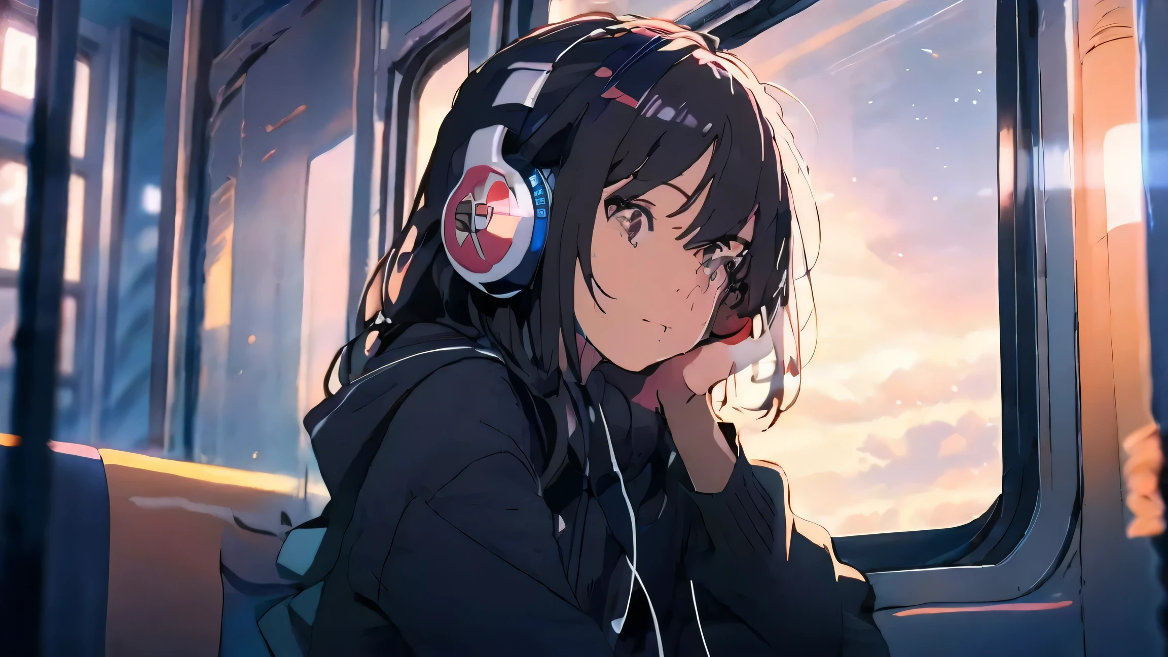 Optimal，masterpiece，High resolution，Highest quality，A beautiful woman gazing out the window from inside a train at night.。Wearing one headphone。It&#39;s night outside。Clothes are hoodies。profile。