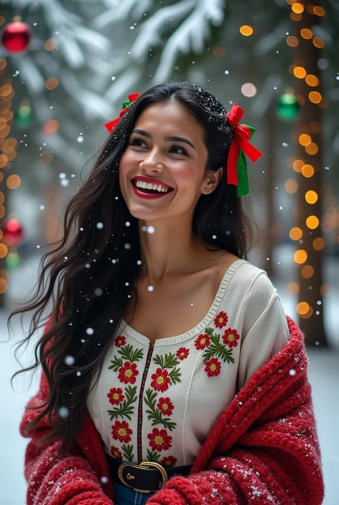 Create beautiful woman in Christmas, let it be of Mexican appearance, enjoying the snow. Let Christmas ornaments come out