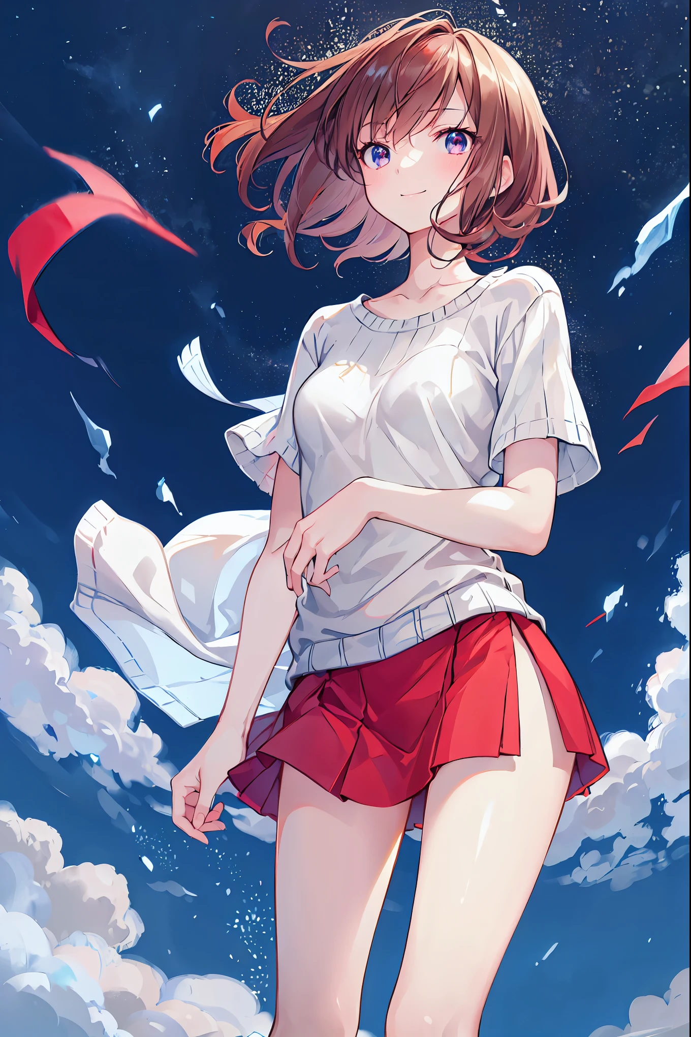 (masterpiece, Highest quality:1.1), (8k, RAW Photos, Realistic:1.2, f22), (Glowing Skin), Detailed skin,Brown Hair,Shortcuts,Slender beauty,Fluffy hair,Detailed face, Detailed eyes,smile,Real World, One person, whole body,(Short sleeve,sweater,)break, Small breasts,Flat Chest,Slender beauty,Looking up,whole bodyが見える,Red pumps