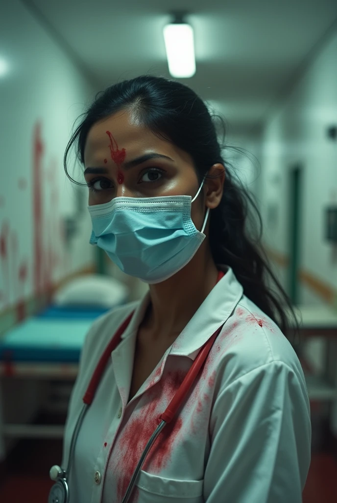 A Indian female doctor crying and with face mask attacked by mob and having bleed from face and chest very sad hospital scene