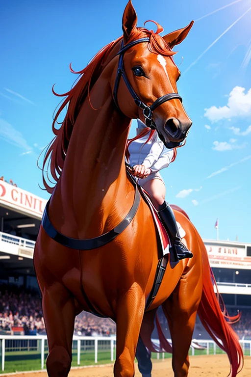 woman　Horse racing jockey　cute　Serious　race　
A giant red thoroughbred　Golden standing hair


