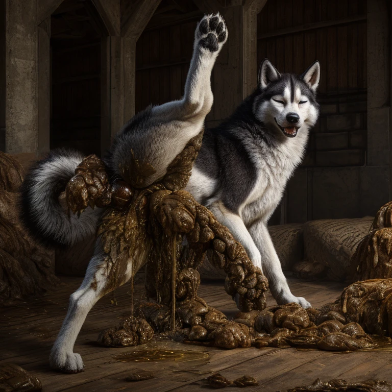 A hyper realistic, ultra detailed image of a husky, fat, (((((feral, husky, solo, raised leg, eyes closed, urine))))), realistic, detailed background, (saliva:0.8), on a klingon star ship, freighter. ((((hyper canine penis, feral standing with raised leg, hyper balls, feral, excessive anal scat, spreading legs, excessive hyper anal feces))))