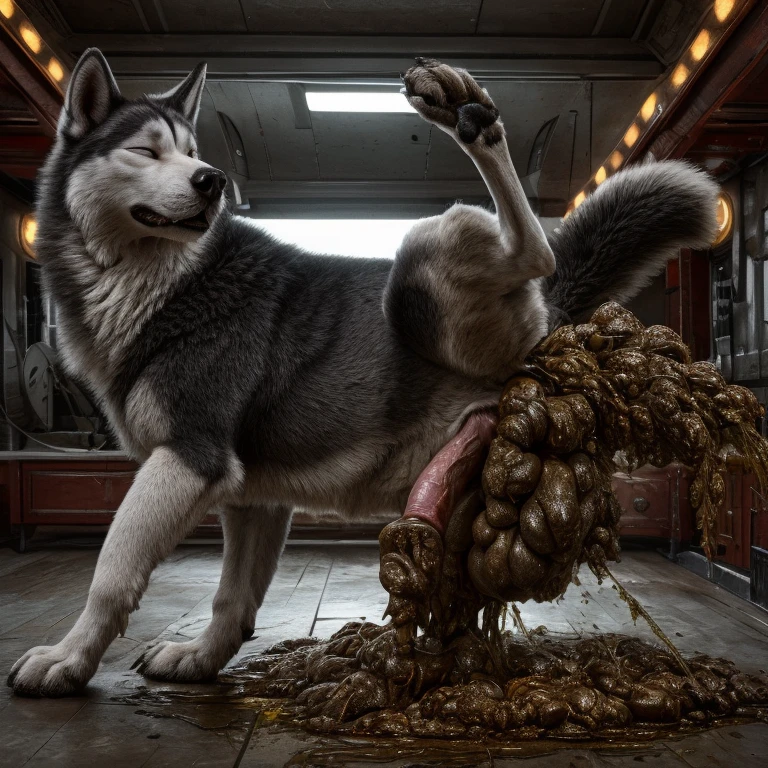 A hyper realistic, ultra detailed image of a husky, fat, (((((feral, husky, solo, raised leg, eyes closed, urine))))), realistic, detailed background, (saliva:0.8), on a klingon star ship, freighter. ((((hyper canine penis, feral standing with raised leg, hyper balls, feral, excessive anal scat, spreading legs, excessive hyper anal feces))))