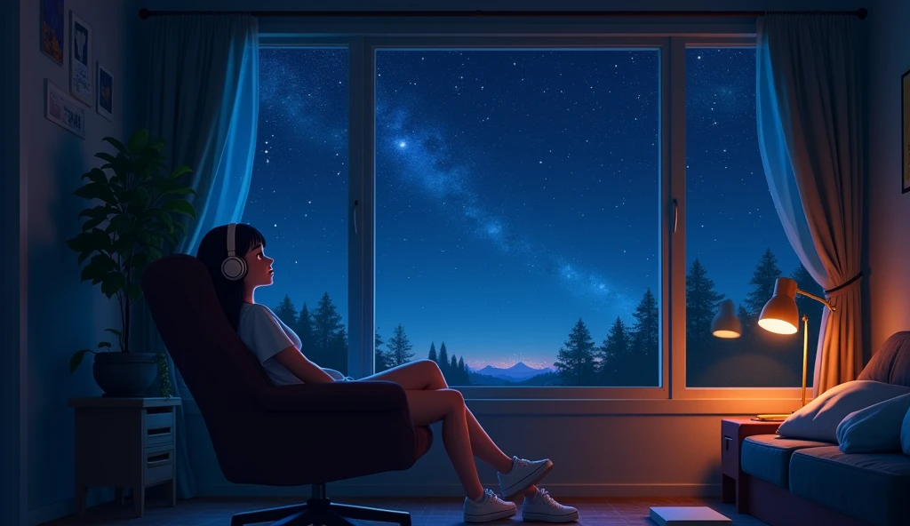 8k, night、Listening to music in a cozy dark room, Using headphones, 2D-style animation, Lo-Fi, hard disk, Dark Environment, Retro、starry skies、Large windows、high school girl、LoFi、Beautiful starry sky、Sparkling starry sky、Dimly lit room、明るいnight空