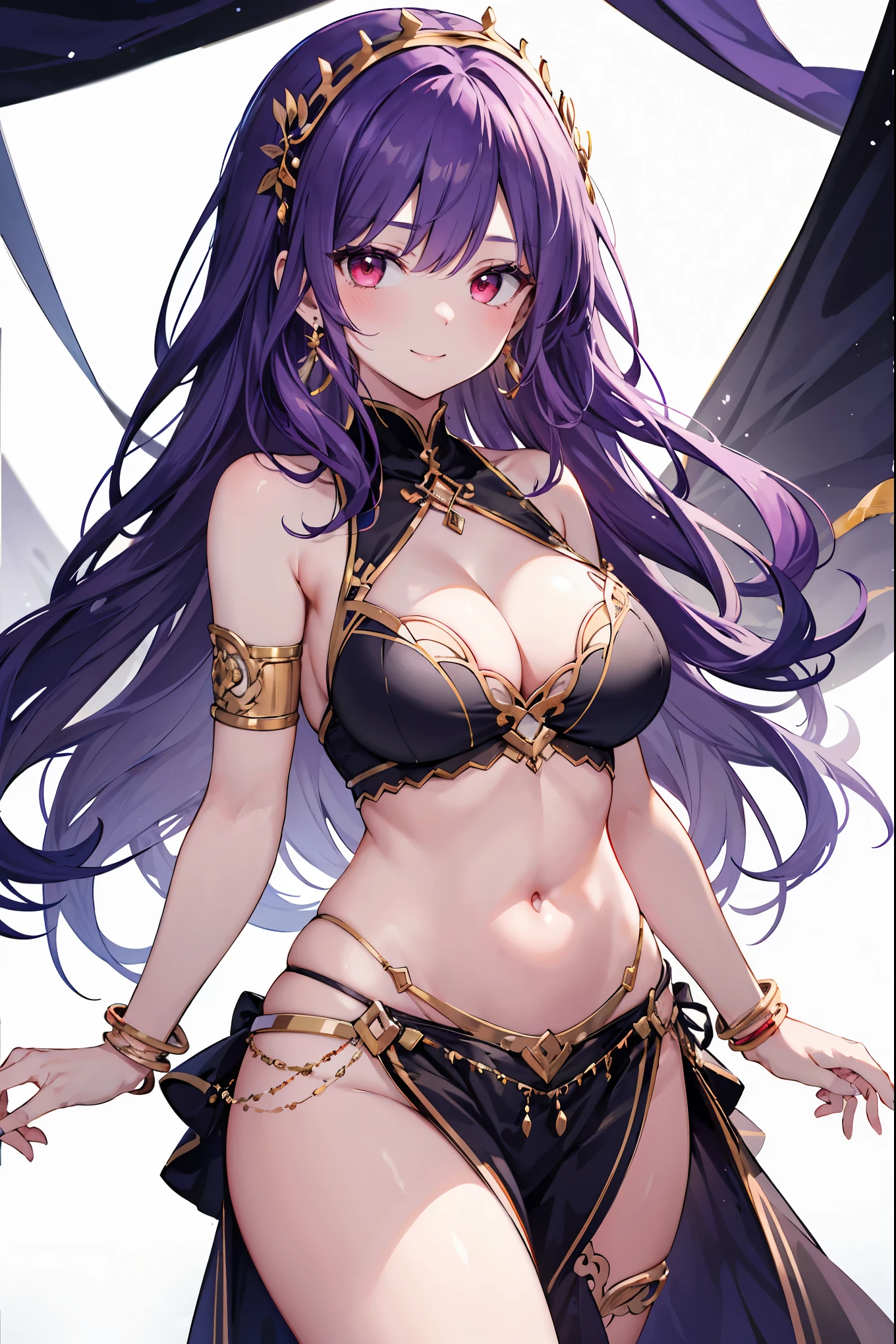 1girl, white background, red eyes, long hair, purple hair, belly dancer, circlet, earrings, armlets, bracelets, bashful smile, large breasts, cleavage, soft stomach