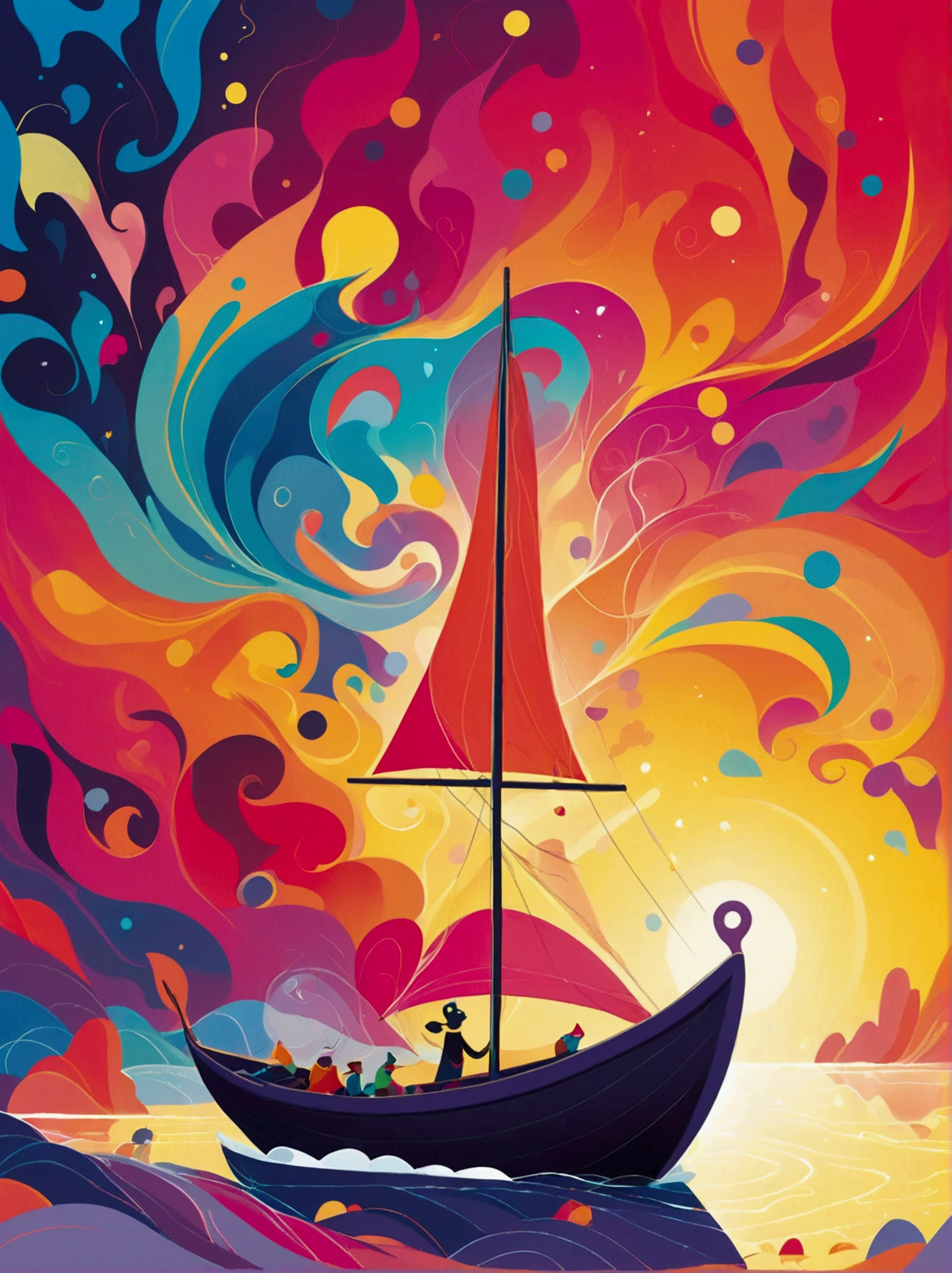 (negative space:1.5), a Boat, colorful cartoon-style illustration from an award winning animated movie, illustrated in bold outlines, showcasing its colors and shapes. The character is depicted adorned colorful energy against a white background, [mythical creature:0.8]