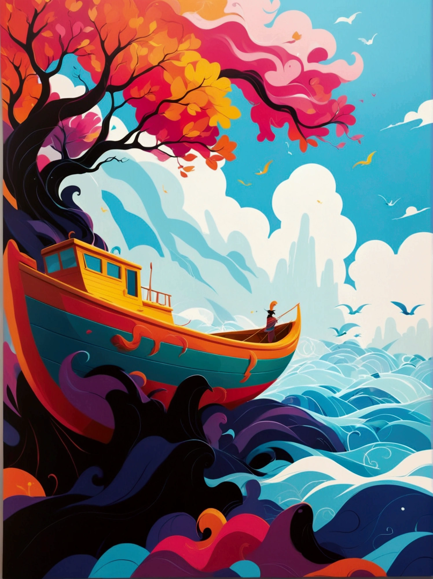 (negative space:1.5), a Boat, colorful cartoon-style illustration from an award winning animated movie, illustrated in bold outlines, showcasing its colors and shapes. The character is depicted adorned colorful energy against a white background, [mythical creature:0.8]