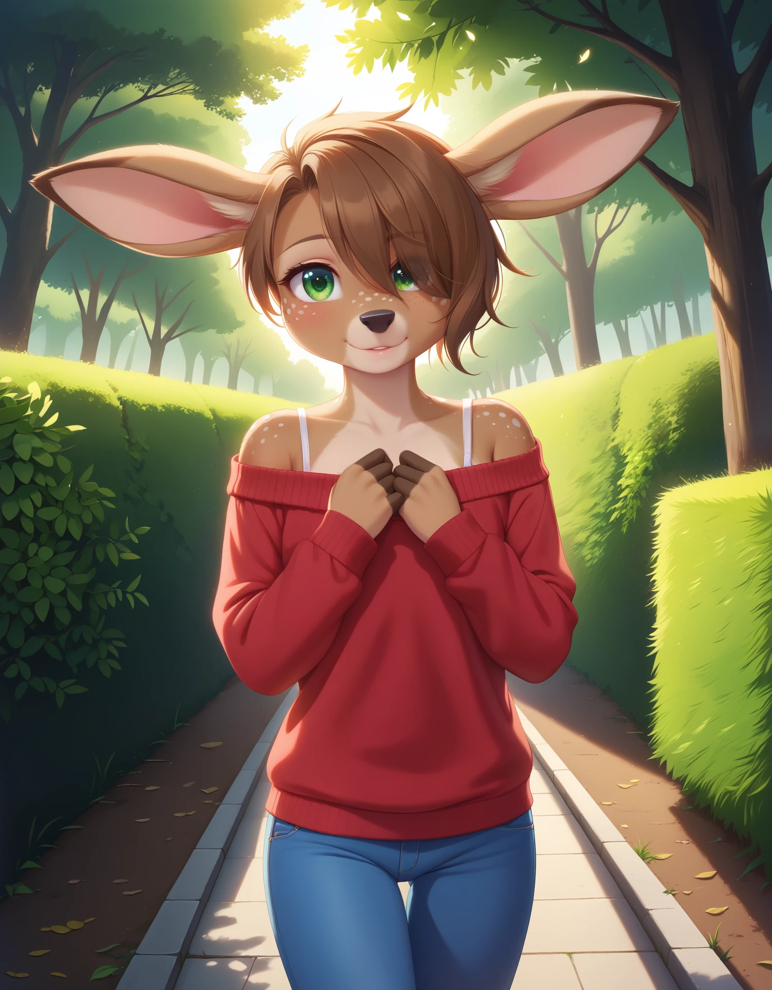 Solo, 1girl, female, lotte, deer girl, furry female, body fur, animal nose, snout, animal ears, green eyes, brown hair, short hair, freckles, cute face, perfect anatomy, detailed skin, detailed eyes, perfect hands, perfect face, flat chest, hair over one eye, BREAK sweater, long sleeves, off-shoulder shirt, pants, BREAK outdoors, park, colorful, sunset, looking at viewer, dutch angle, BREAK ((ultra-detailed)), ((best quality)), ((best quality)), ((beautiful eyes)), ((extremely detailed)), 4K, (8K), best quality, (beautiful), Master piece, highres, score_9, score_8_up, score_7_up, colorful, best quality, official art, highres, masterpiece, nai3, god light, detailed background, high quality background, very aesthetic, absurdres,