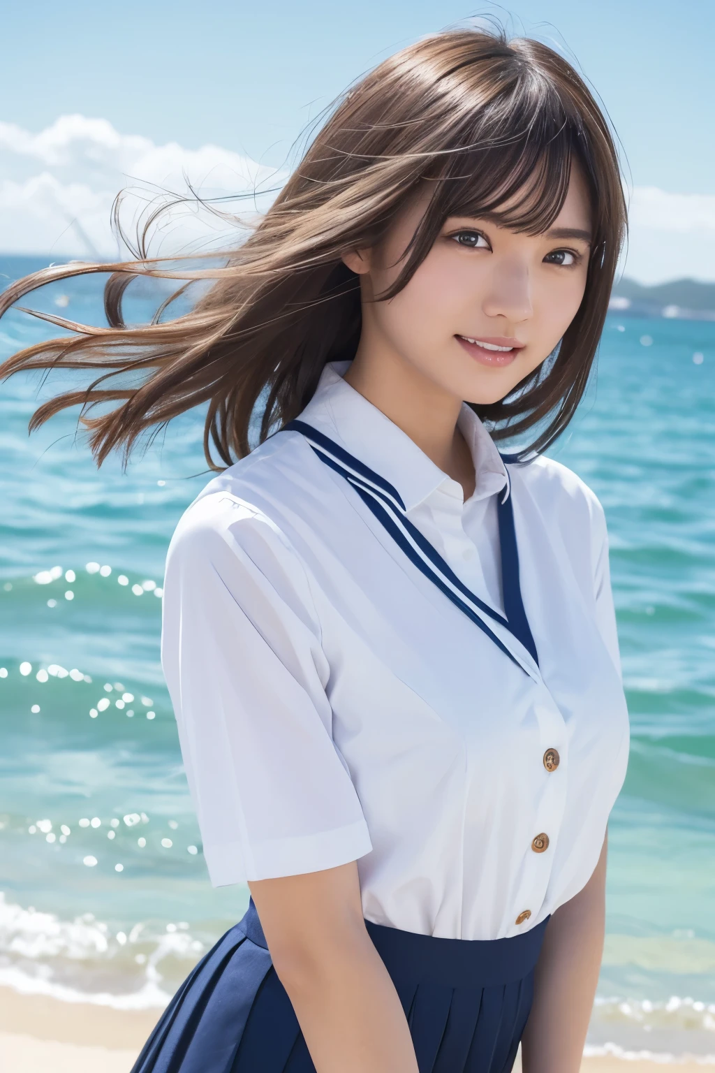 realistic, photogenic, full-body footage, with the sea in the background, wearing school uniform, the top button of the upper cloth is open, skirt is short and just reaching above the thighs, medeum-length hair, hair color mixes bronde and brown, hair is blowing in the wind, hair is shaggy and dishevelled, very sunburned and tanned skin, medium build a little bit chubbily figure, small breasts, skin is shining with sweat, no makeup, small mouth, small nose, smooth shaped jawline, glossy face, heavy flushed cheeks, big smile while open mouth, flirting, looks like having a great time, easing someone, detailed eyes, slanted eyebrows, detailed lips, photorealistic, highly detailed, 8k, best quality, masterpiece, vibrant colors, dramatic lighting, cinematic composition, digital art