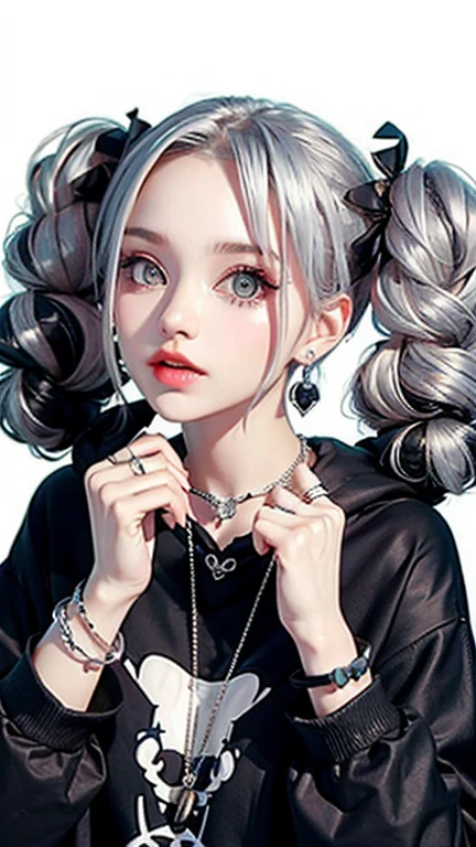 , huge, Twin tails, Silver Hair, hoodie, Vintage Gothic, Pause, cute, Look up, high quality, necklace, ring, bracelet, Earrings