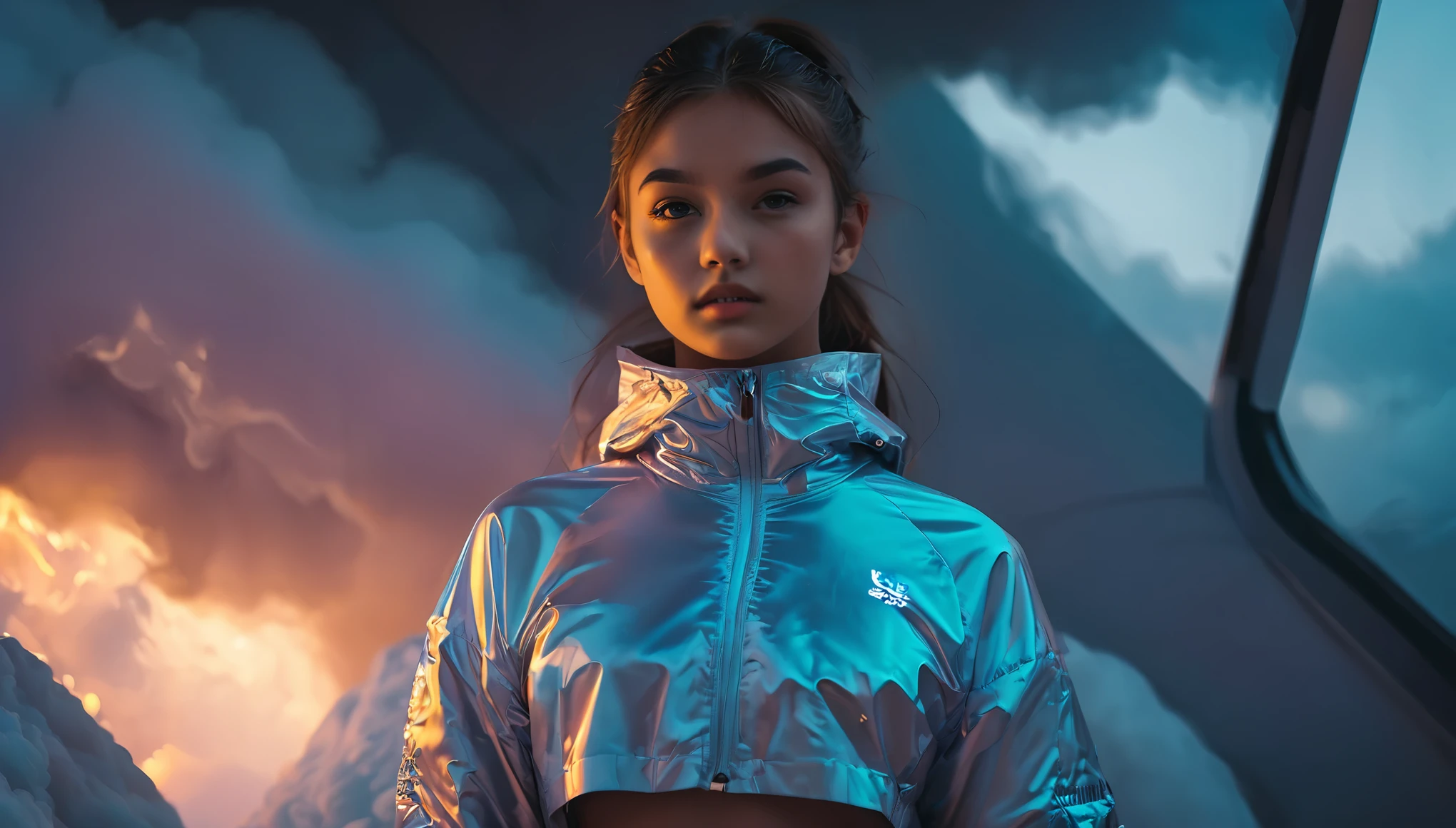 Top Quality, Masterpiece, High Resolution, 8k, wide objective, full body shot, ((skinny cute girl, barely legal, age 14, (oversized silky see-through puffer jacket with plunging Neckline, off-shoulder, short sleeves), mediumperky breasts, extremely detailed face, detailed eyes, thin eyebrow, detailed lips, no makeup, long slick ponytail side shaved hair, small hips, (in a spaceship, on a bed), dim light, dramatic and neon colors, futuristic setting, intricate details, at night, random pose, random neon colors))