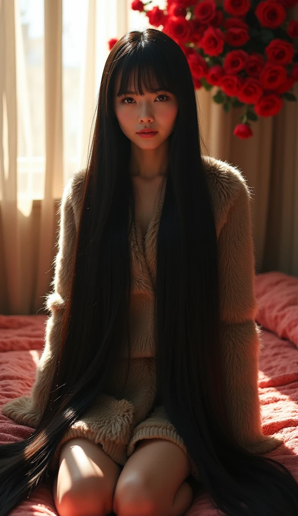 Cute Japanese girl、Full body photo、Head to toe photos、Taken from about 4 meters away、ultra-realistic、The longest black hair in the world、Hair longer than Rapunzel、She has very long black hair that covers her entire body.、My very long black hair makes me look sexy.、My charm is my long black hair、Long black hair is a symbol of beauty、、This long hair length and volume is admired around the world.、Her very long black hair is fanned out、Smooth black hair that flows from shoulders to floor、I have a lot of hair, black hair about to overflow from the screen、,Full body photo,超Super long hair  、Cover the whole body with straight hair、Very beautiful face、beautifully styled black hair、Very large amounts of hair、Super long hair that accentuates femininity&#39;sexly、Slim figure、Beautiful and shiny hair、Bright lighting、Professional Lighting、Full body photo、My hair is reaching the floor and dragging、Full of black hair、, Show off your long hair.、Long black hair covers the whole body、Super long hair、Best image quality、highest quality、Highest Resolution、Ultra-realistic photos、Full body photo、1 girl、Very beautiful face、 Real Photo、Live-action,((large breast:1.6)),((wear thick fur coat)),, sunlight from side,hard lightning,on bed room,bed room full red rose flower,
