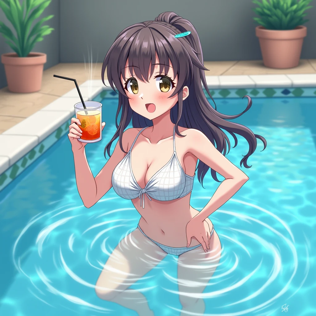 Anime girl in the pool with a drink