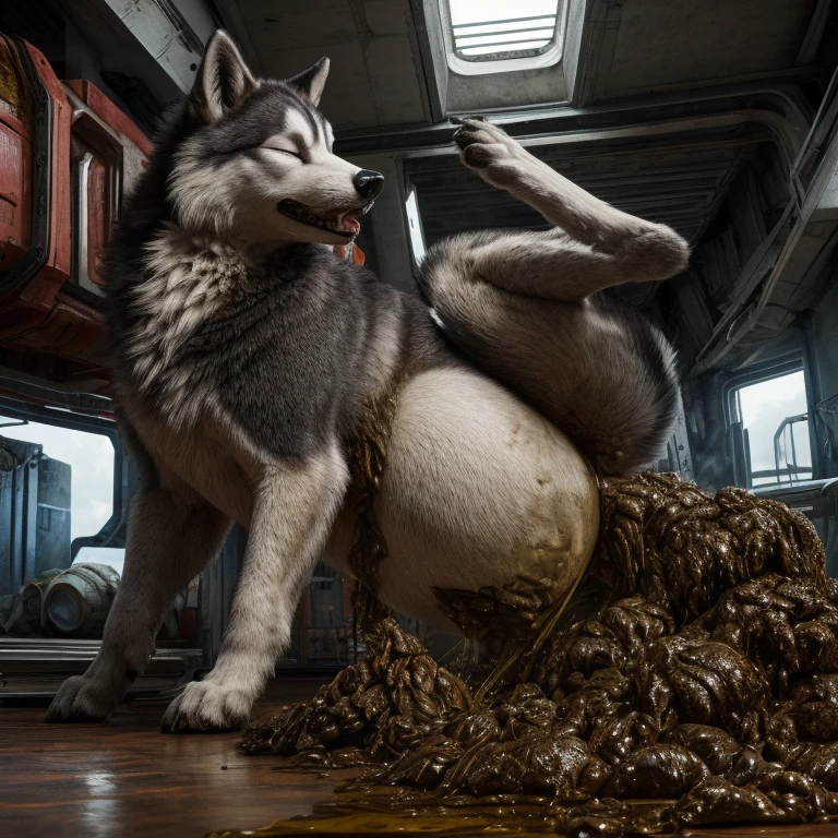 A hyper realistic, ultra detailed image of a husky, fat, (((((feral, husky, solo, raised leg, eyes closed, huge belly, urine))))), realistic, detailed background, (saliva:0.8), on a klingon star ship, freighter. ((((hyper canine penis, feral standing with raised leg, hyper balls, feral, excessive anal scat, spreading legs, excessive hyper anal feces))))
