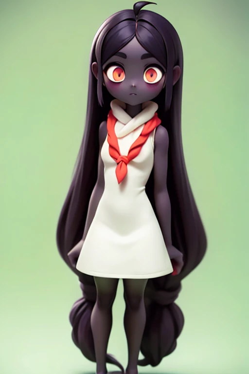 　Primary school students　young　small　height: 130cm　Standing picture Simple design　The dress is a one-piece　camisole　Sleeveless　No sleeve　Long Hair　Long black hair　Hair is black　Red eyes　Shoulder-baring ahoge　Kokeshi
