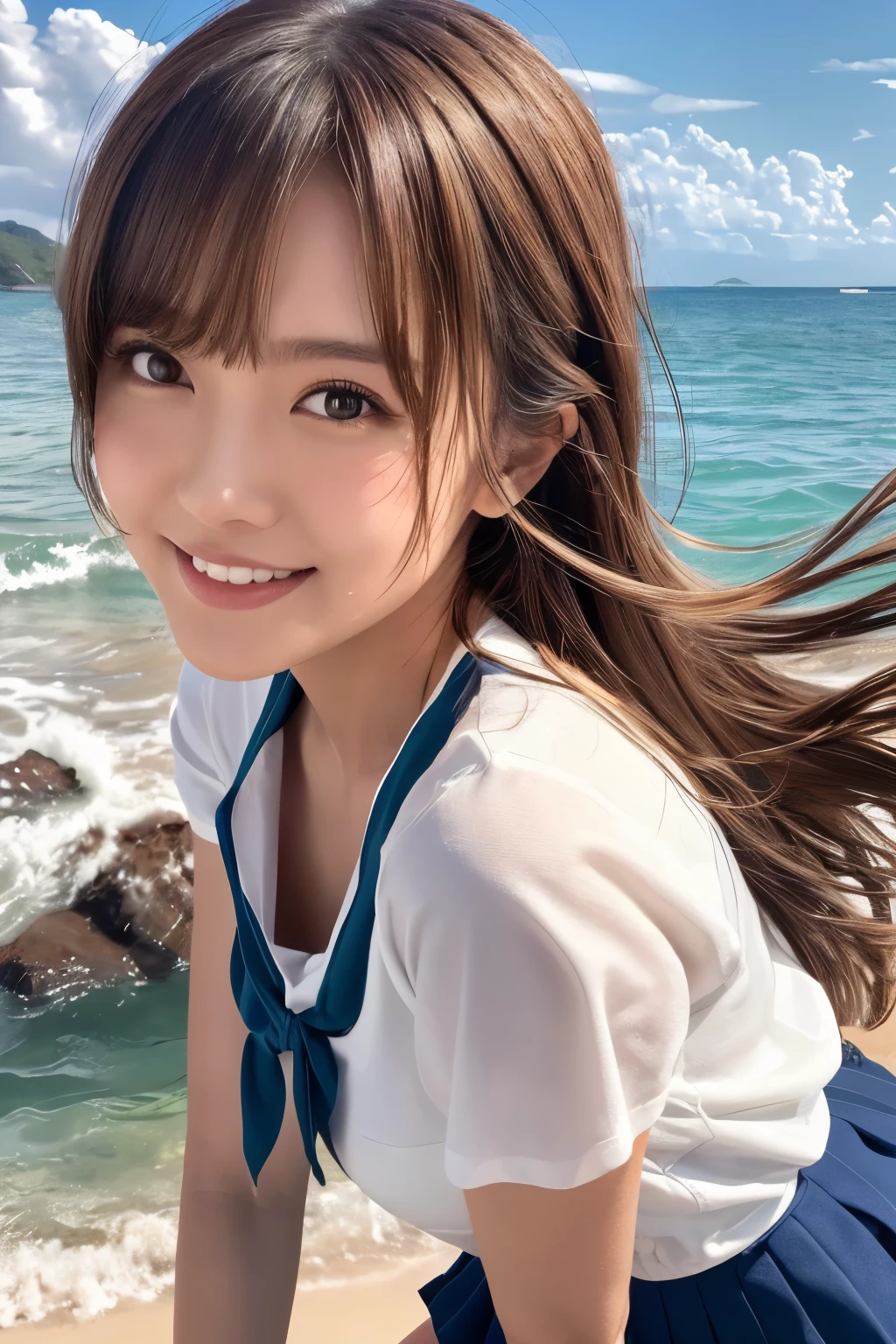 realistic, photogenic, with the sea in the background, wearing school uniform, the top button of the upper cloth is open, a little exposed a chest, skirt is short and just reaching above the thighs, middle-length hair, hair color mixes bronde and brown, hair is blowing in the wind, hair is shaggy and dishevelled, very sunburned and tanned skin, medium build a little bit chubbily figure, heavy and vivid makeup, small mouth, small nose, smooth shaped jawline, glossy face, heavy flushed cheeks, big smile while open mouth, flirting, having a great time, , detailed eyes, slanted eyebrows, detailed lips, close-up shooting, photorealistic, highly detailed, 8k, best quality, masterpiece, vibrant colors, dramatic lighting, cinematic composition, digital art